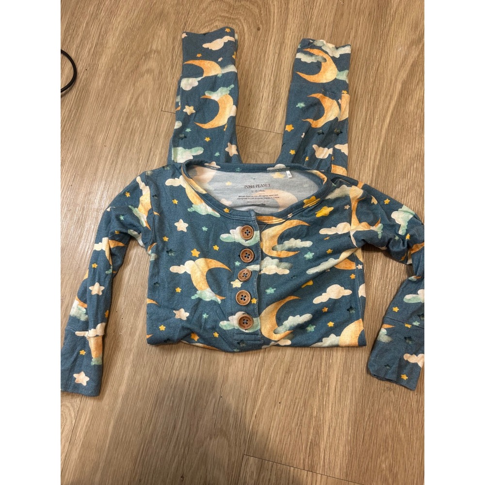 Posh Peanut Celestial Moon Stars Bamboo Henley Romper Teal 12-18 Months